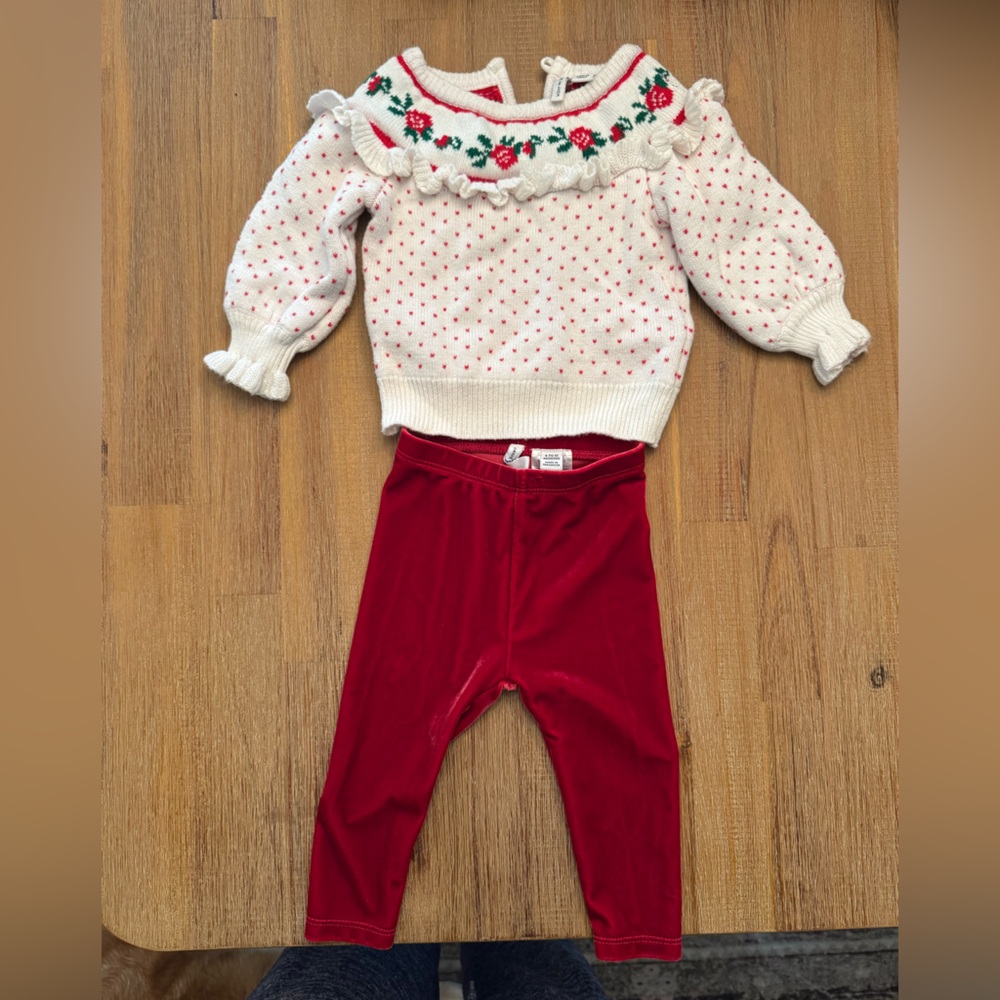 Janie and Jack White Sweater with Red and Green Floral Accents